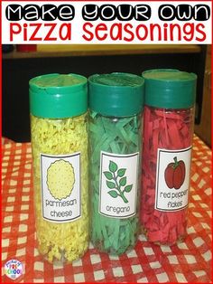 three jars filled with pasta sitting on top of a red and white checkered table cloth