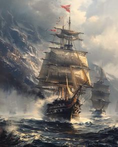 a painting of two ships in the ocean with mountains in the backgrouds