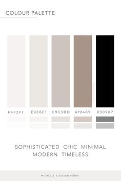 the color palette is shown in shades of gray, beige and black with text that reads sophisticated