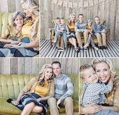 a collage of family photos with their child and mother sitting on a couch in front of a wooden wall