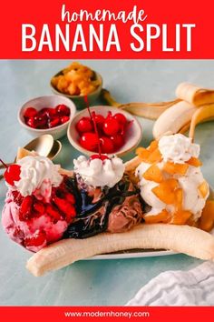 homemade banana split with fruit and whipped cream