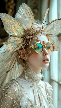 a woman with large butterfly wings on her head and glasses in front of a window