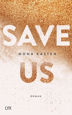 save us poster with gold glitter and white letters on the bottom right hand corner, against a beige background