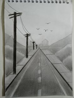 a pencil drawing of an empty road with power lines and birds flying over the horizon