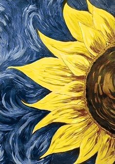 a painting of a sunflower on a blue and yellow background