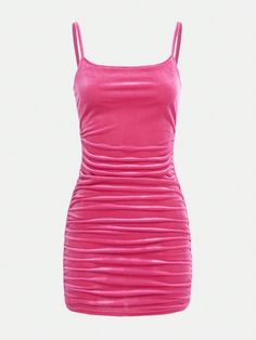 Hot Pink Casual Collar Sleeveless Flannelette Plain Cami Embellished Slight Stretch  Teen Girls Clothing Pink Girl Outfits, Velvet Cami Dress, Flare Dress Casual, Pink Dress Short, Velvet Cami, Teen Girl Dresses, Short Sleeve Maxi Dresses, Pink Outfits