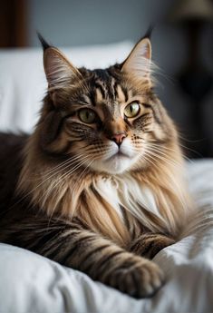 a long haired cat laying on top of a bed