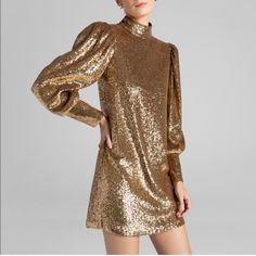 Questions? Leave A Comment Below! Brand New Never Worn With Tags Gold Long Sleeve Mini Dress For Fall, Gold Midi Dress For Formal Fall Events, Gold Chic Mini Dress For Holiday Party, Chic Gold Sequin Dress, Chic Gold Holiday Dresses, Gold Sequined Long Sleeve Dress, Chic Gold Sequin Dress For Formal Occasions, Chic Gold Sequin Dress For Holiday Party, Chic Gold Dress With Sequins