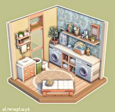 an illustration of a room with a washer and dryer in the corner,