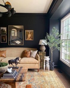 a living room filled with furniture and pictures on the wall above it's coffee table