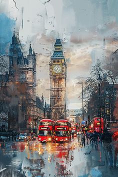 a painting of two red double decker buses on a city street with big ben in the background