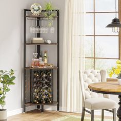 a wine rack in the corner of a dining room