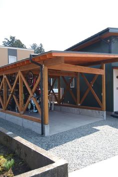 a garage with a bike rack attached to it