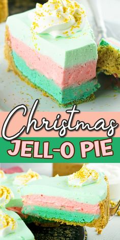 christmas jello - o - pie on a plate with the slice cut out and ready to be eaten