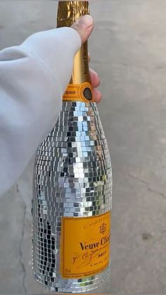 a person holding a bottle of wine in front of a mirror ball on the ground