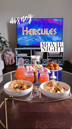 there is a tray with food on it and the words disney hercules movie night above it