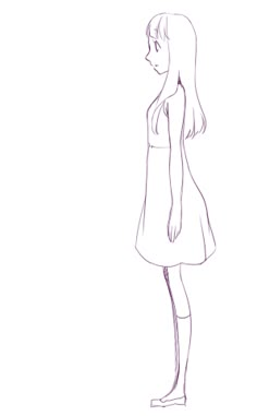 a drawing of a woman in a short dress looking away from the camera with her hand on her hip