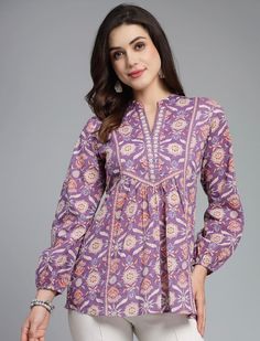 * Floral Print Mandarin Collar Pure Cotton Empire Top Printed Kurti / Embroidered Short Kurti / Indian Tunic / Summer-Spring Evening Dress / Cotton Tunic Tops * Purple regular empire top * Floral print * Mandarin collar, three-quarter, cuffed sleeves * Gathered or pleated detail * Woven cotton *Fabric:- Pure Cotton  *Wash Care:- Hand Wash AVAILABLE IN 6 SIZES THEY ARE IN FOLLOWING MEASUREMENTS IN INCHES:- XS:- Bust-34/Waist-26/Length-28 S:- Bust-36/Waist-28/Length-28 M:- Bust-38/Waist-30/Length-28 L:- Bust-40/Waist-32/Length-28 XL:- Bust-42/Waist-34/Length-28 XXL:- Bust-44/Waist-36/Length-28 NOTE ►►CUSTOMISATION We do customisation 👗✂️🥻✂️ ►►TRACKING We give full tracking to our valuable customers, you can track your package any time with tracking code provided by our shop. ►► Please feel Purple Long Sleeve Kurta With Printed Motifs, Bohemian Tops With Printed Motifs, Bohemian Straight Kurta Tops For Navratri, Bohemian Tops With Ikat Print For Festive Occasions, Bohemian Ikat Print Tops For Festive Occasions, Bohemian Kalamkari Print Top, Multicolor Printed Top For Navratri, Festive Bohemian Floral Print Tops, Bohemian Tops With Kalamkari Print For Festive Season