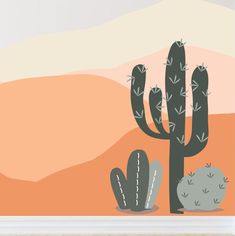 an image of a desert scene with cacti on the wall and mountains in the background