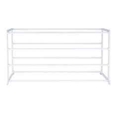 a white shelf with three shelves on each side and one shelf above the other, in front of a white background