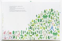 an open children's book with trees and people