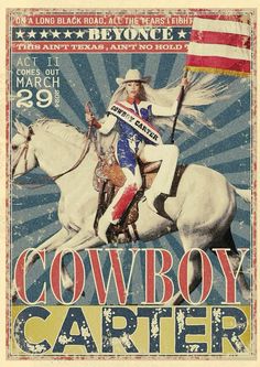 a cowboy riding on the back of a white horse in front of an american flag