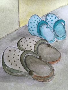 watercolor painting of slippers on the floor