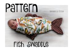 a baby is laying on its back in a fish print coverall with the words pattern underneath it