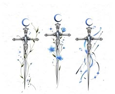 three crosses with blue flowers on them and the moon in the sky behind them is drawn by hand