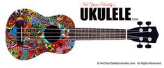 an ukulele with colorful designs on it and the words ukulele written in black