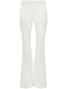 white cotton/linen mid-rise belt loops concealed front fastening two side slash pockets two rear welt pockets flared Chic Fitted White Flares, Chic White Fitted Flares, White Chic Wide Leg Flares, Chic White Wide-leg Flares, Chic White Wide Leg Flares, White High-waisted Wide Leg Pants With Pressed Crease, Classic White Flare Bottoms, Chic White Flare Bottoms, Chic White Flare Pants