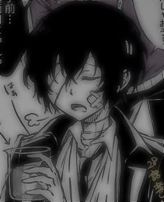 an anime character with black hair holding a glass in front of him and looking at his cell phone