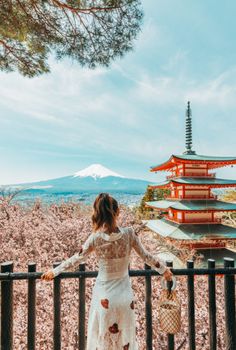 a woman standing on top of a metal fence next to a tall building with a pagoda in the background