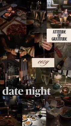 a collage of photos with the words date night written on them and images of people eating