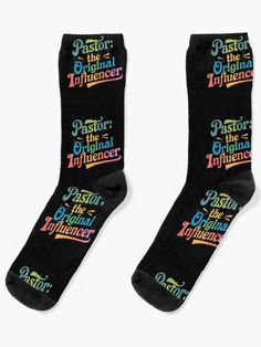 two pairs of black socks with colorful lettering