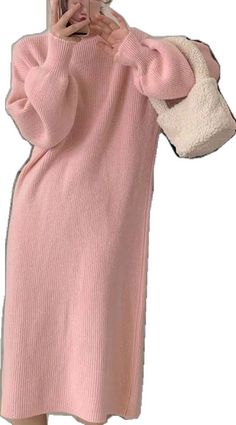 Non-stretch Long Sweater Dress, Winter Pink Midi-length Dress, Casual Pink Sweater Dress For Fall, Winter Pink Knit Sweater Dress, Pink Midi-length Winter Dress, Casual Plain Pink Dress, Pink Solid Color Dress For Fall, Pink Knit Long Sleeve Dress, Oversized Knitted Dresses For Spring