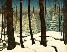 a painting of trees and snow in the woods