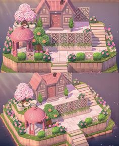 two different views of a house with flowers on the roof and in the ground, from top to bottom