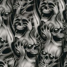 a black and white photo with skulls on it