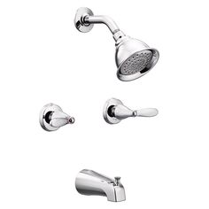 the shower faucet is shown in chrome