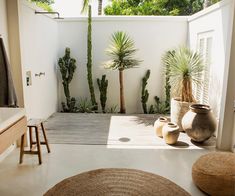 a bathroom with plants and potted trees in it