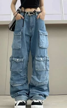 Celana Kargo, Fashion Baggy, Casual Denim Pants, Baggy Cargo Pants, Casual Wide Leg Pants, Y2k Clothing, High Street Fashion