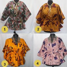 Handmade lovely ankara kimono top with a belt at the waist. The belt is detachable. Sizes: UK10-12 UK14-16 UK18-20 UK20-22 UK24-26 Feel free to send me a message if you have any questions. Ankara Blouses For Women, Ankara Kimono, Chiffon Kaftan, Color Combinations For Clothes, African Wear Dresses, Ankara Styles, African Wear, Ankara, Color Combinations