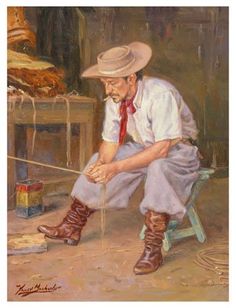 a painting of a man sitting on a chair with a rope in his mouth and wearing cowboy boots