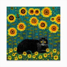 a painting of a black cat in a field of sunflowers