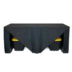 a black table with two yellow chairs and a black table cloth on it's legs