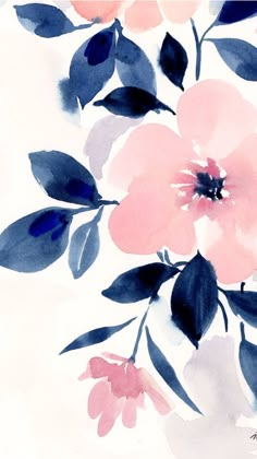 watercolor painting of pink and blue flowers