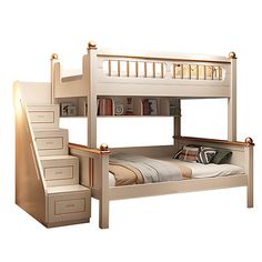 a bunk bed with stairs next to it and bookshelves on the bottom shelf