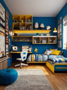 a bedroom with blue walls and yellow shelves