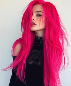 Curly hair with neon pink peek-a-boo highlights, creating a playful and bold look. Ideal for a dynamic and youthful style. Vivid Hair With Shadow Root, Dark Vivid Hair, Pink Hair Neon, Pink Hair With Shadow Root, Crazy Colored Hair, Bright Color Hair, Pink And Red Hair, Fuschia Hair, Neon Pink Hair